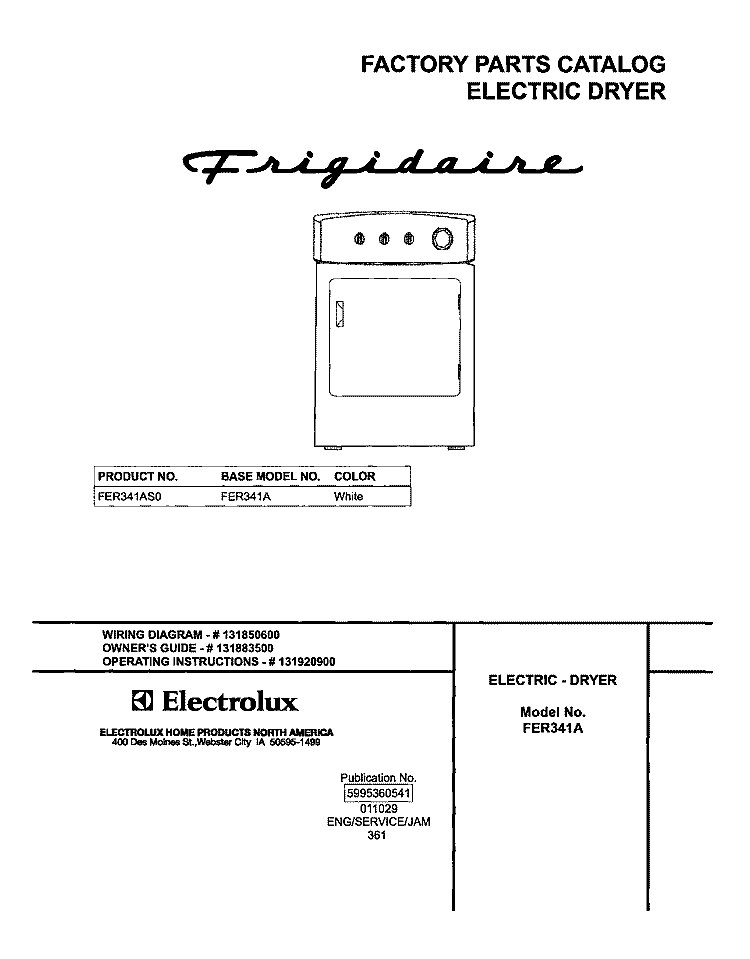 COVER Diagram and Parts List for FER341AS0  Frigidaire Dryer