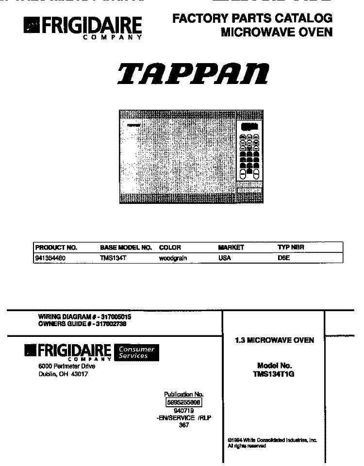 COVER Diagram and Parts List for TMS134T1G  Tappan Microwave