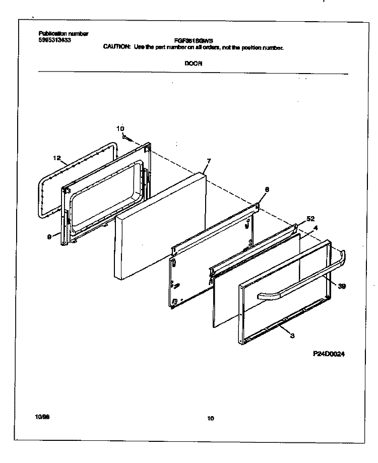 DOOR Diagram and Parts List for FGF351SGWB  Frigidaire Range