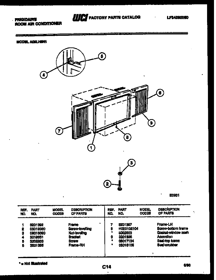 WINDOW MOUNTING PARTS Diagram and Parts List for A08LH8N1  Frigidaire Air Conditioner