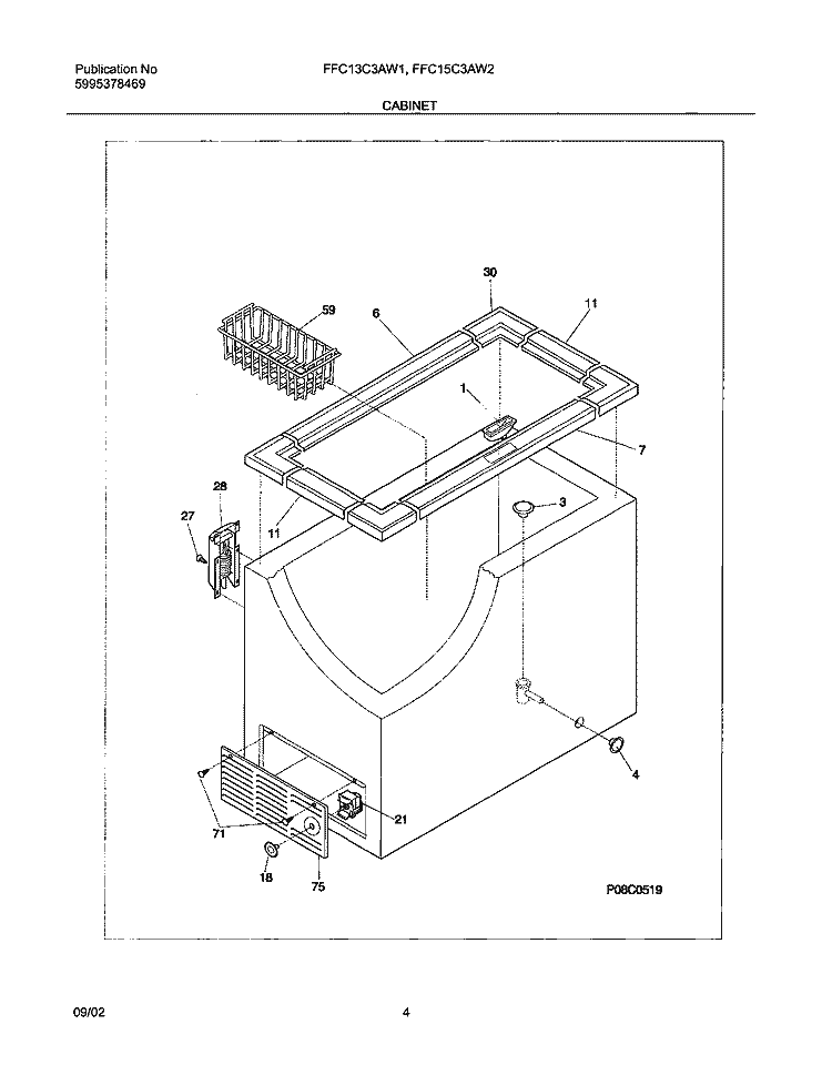 CABINET Diagram and Parts List for FFC13C3AW1  Frigidaire Freezer