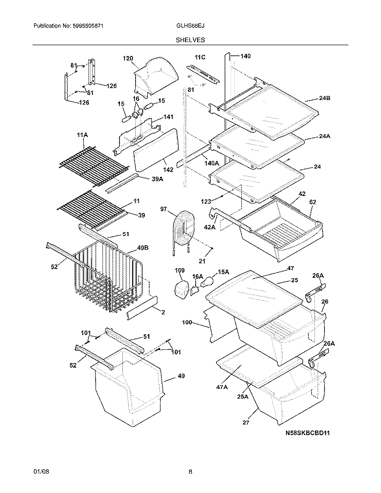 SHELVES Diagram and Parts List for GLHS68EJPW0  Frigidaire Refrigerator