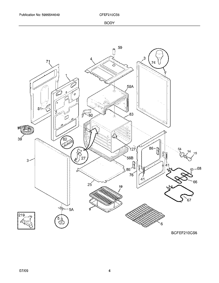 BODY Diagram and Parts List for CFEF210CS6  Frigidaire Range
