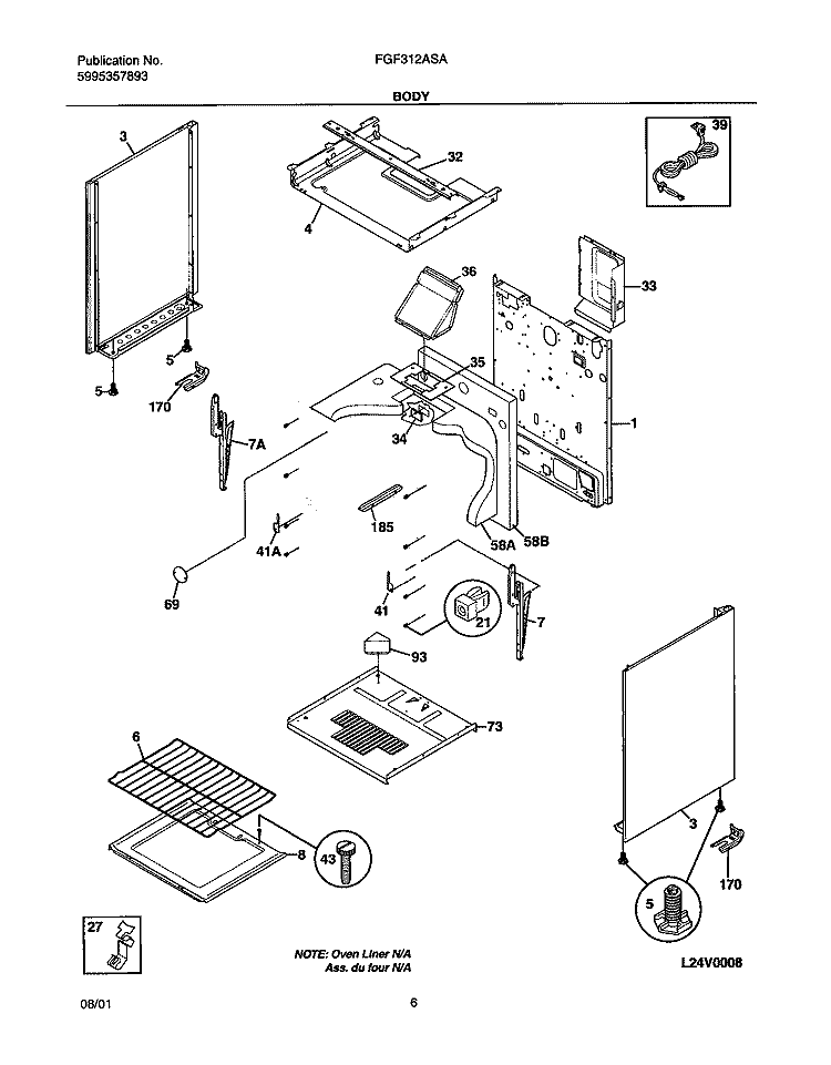 BODY Diagram and Parts List for FGF312ASA  Frigidaire Range