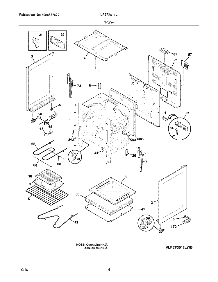 BODY Diagram and Parts List for LFEF3011LWB  Frigidaire Range