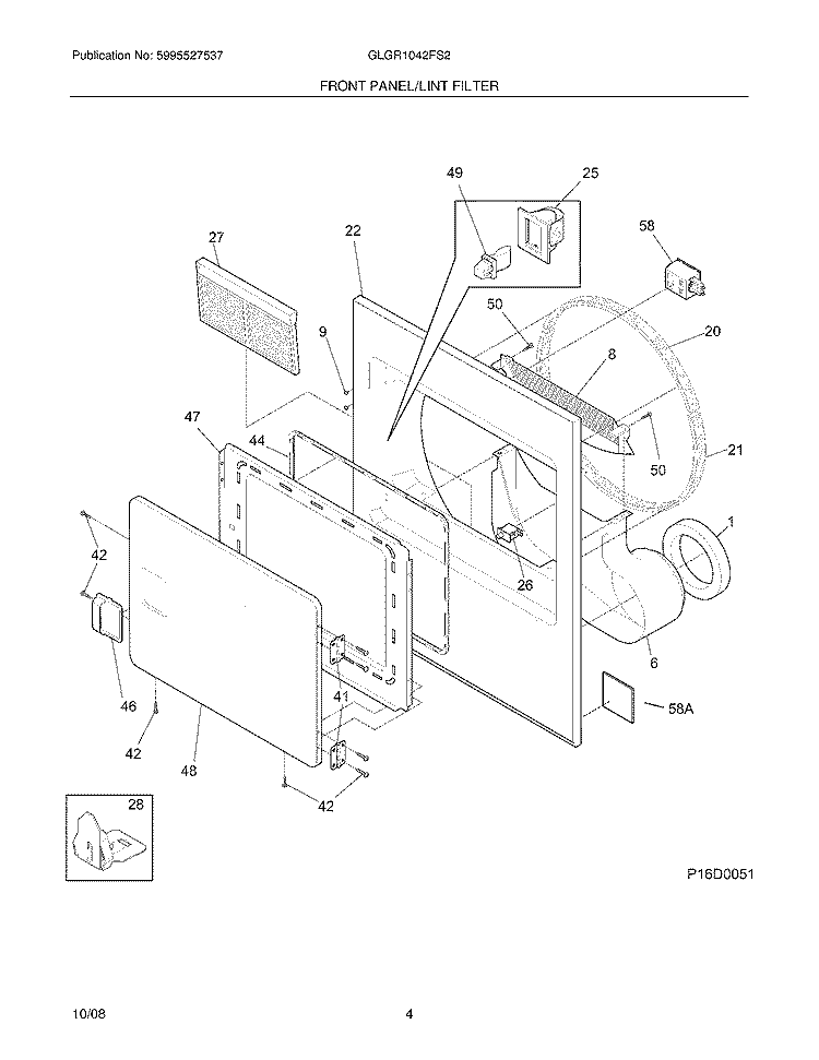 FRONT PANEL/LINT FILTER Diagram and Parts List for GLGR1042FS2  Frigidaire Dryer