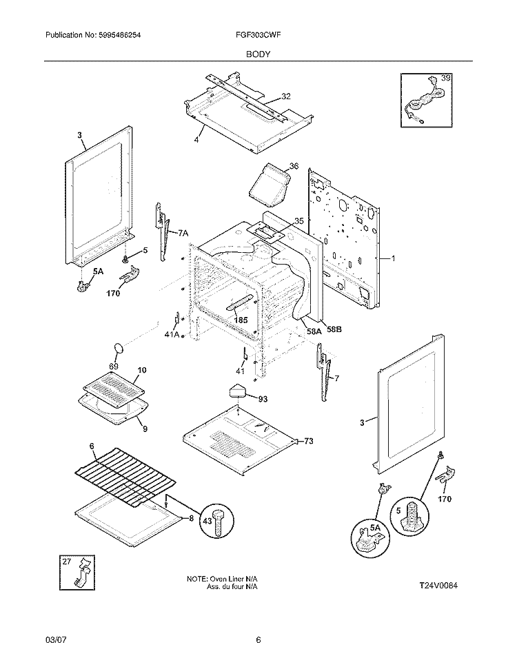 BODY Diagram and Parts List for FGF303CWF  Frigidaire Range