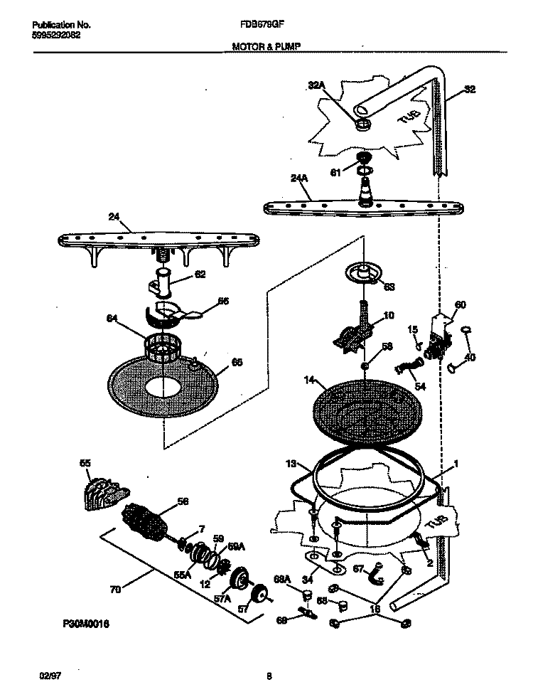 MOTOR & PUMP Diagram and Parts List for FDB679GFW0  Frigidaire Dishwasher