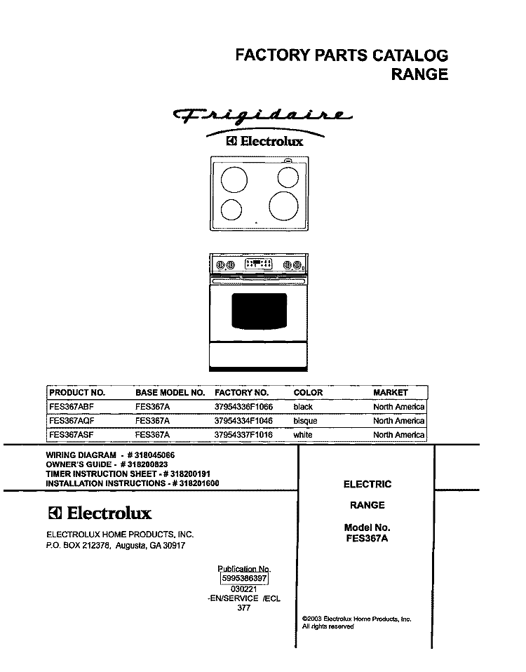 COVER Diagram and Parts List for FES367ABF  Frigidaire Range