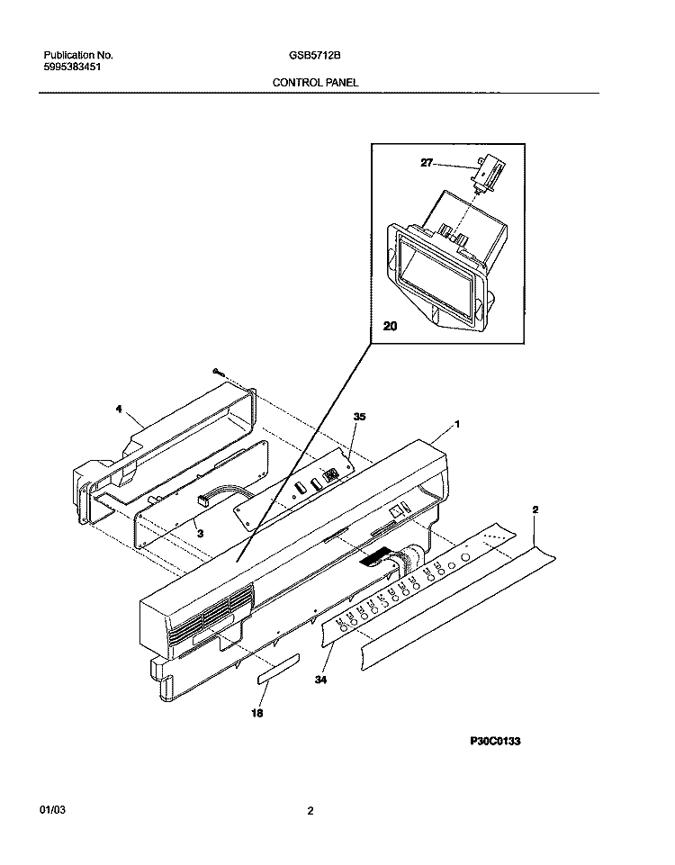 CONTROL PANEL Diagram and Parts List for GSB5712BC1  Frigidaire Dishwasher
