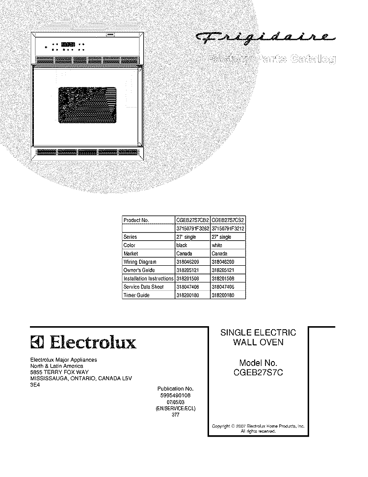 COVER Diagram and Parts List for CGEB27S7CB2  Frigidaire Wall Oven