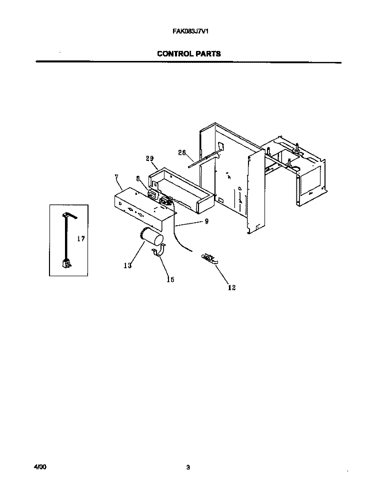 CONTROL PARTS Diagram and Parts List for FAK083J7V1  Frigidaire Air Conditioner
