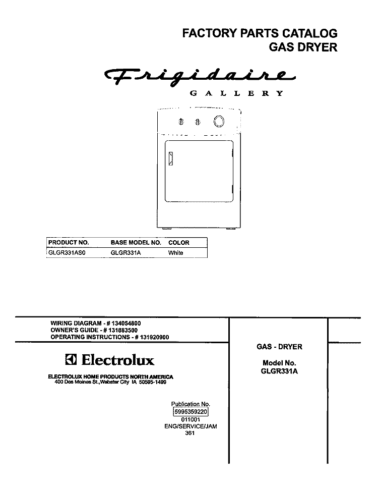 COVER Diagram and Parts List for GLGR331AS0  Frigidaire Dryer