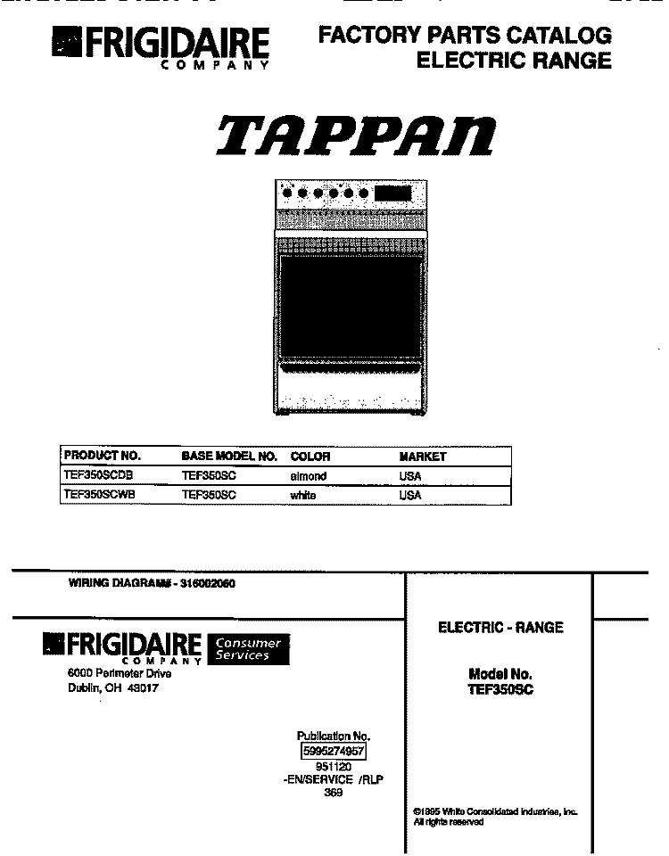 COVER Diagram and Parts List for TEF350SCDB  Tappan Range