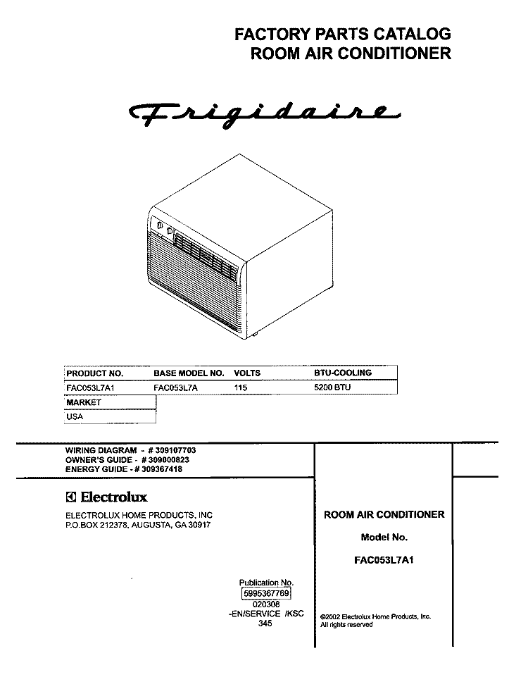 COVER Diagram and Parts List for FAC053L7A1  Frigidaire Air Conditioner