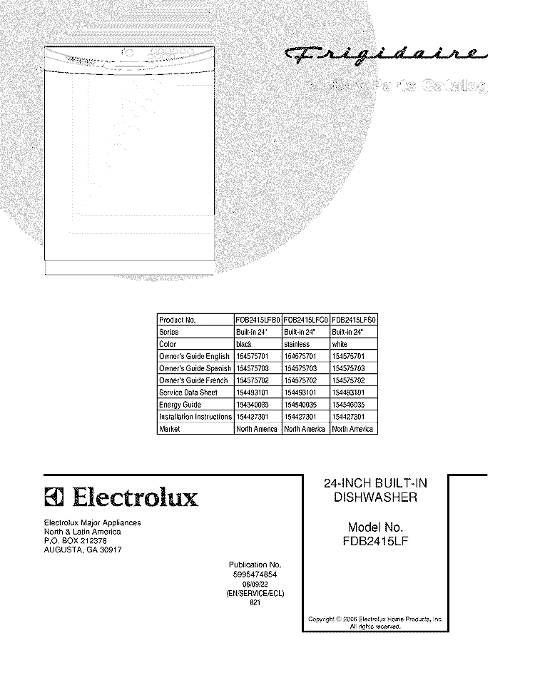 COVER Diagram and Parts List for FDB2415LFC0  Frigidaire Dishwasher