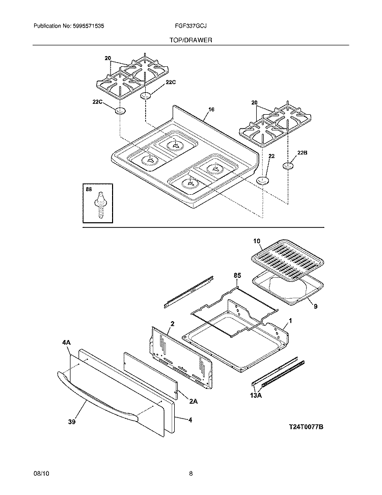 TOP/DRAWER Diagram and Parts List for FGF337GCJ  Frigidaire Range