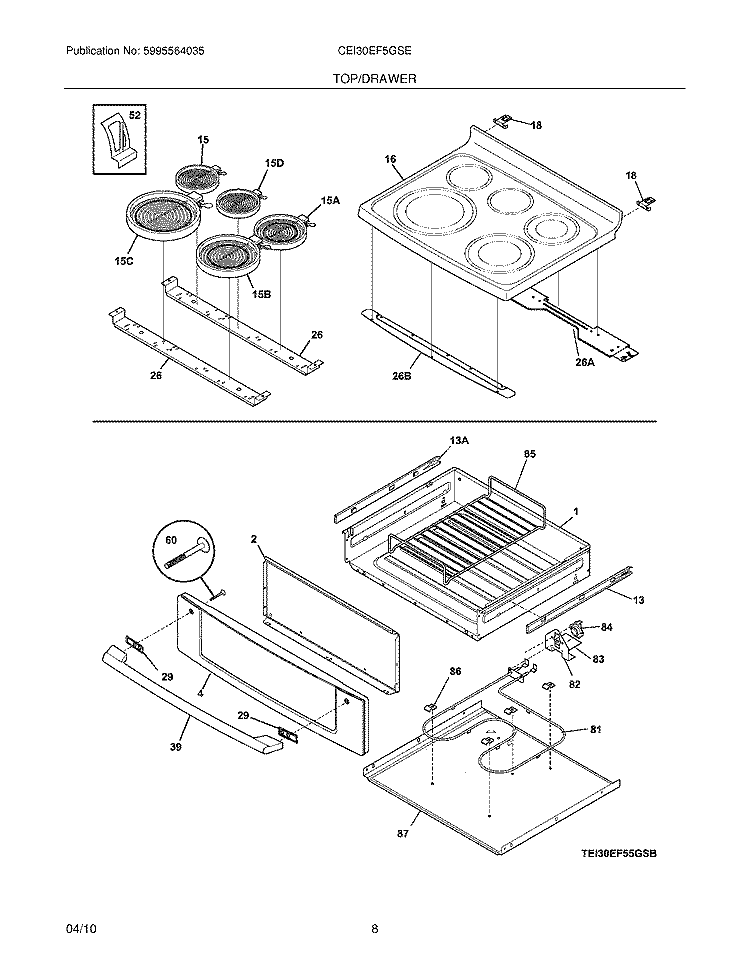 TOP/DRAWER Diagram and Parts List for CEI30EF5GSE  Electrolux Range