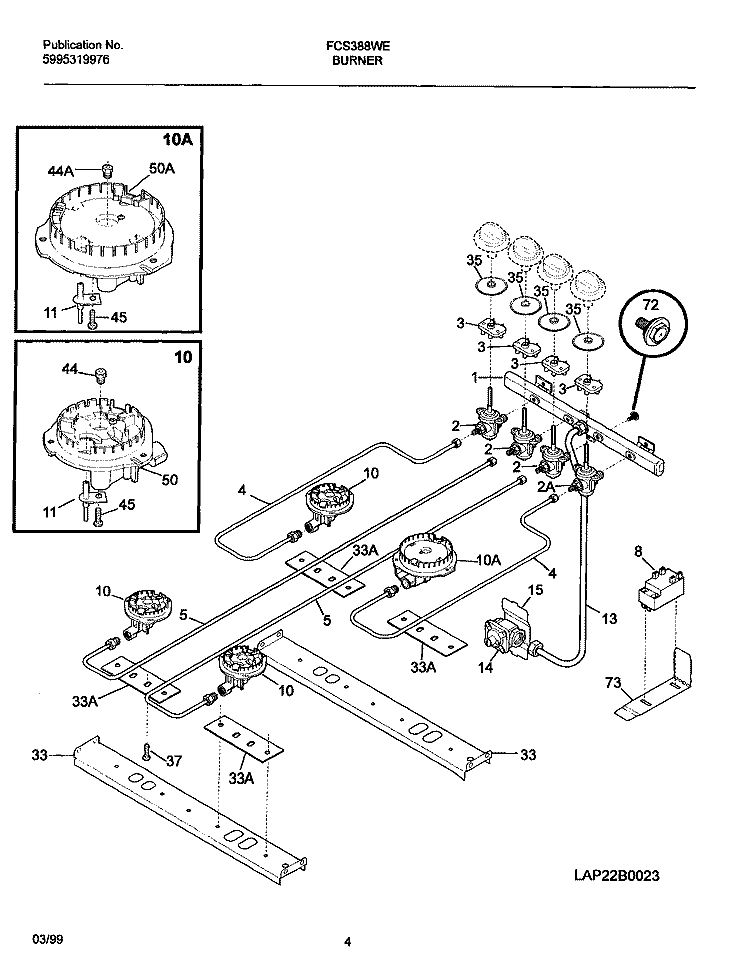 BURNER Diagram and Parts List for FCS388WECF  Frigidaire Range