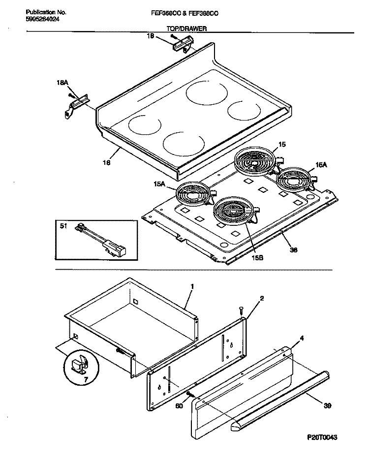 TOP / DRAWER Diagram and Parts List for FEF368CCSA  Frigidaire Range