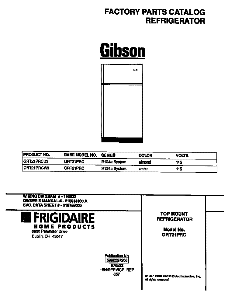 COVER Diagram and Parts List for GRT21PRCW3  Gibson Refrigerator
