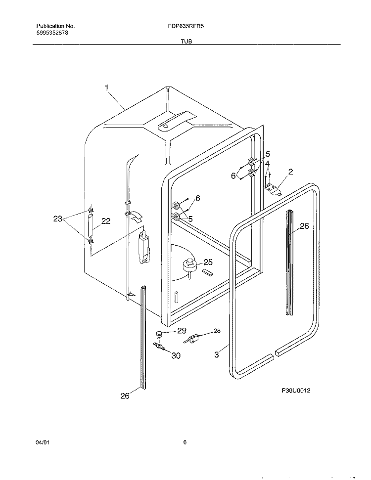 TUB Diagram and Parts List for FDP635RFR5  Frigidaire Dishwasher