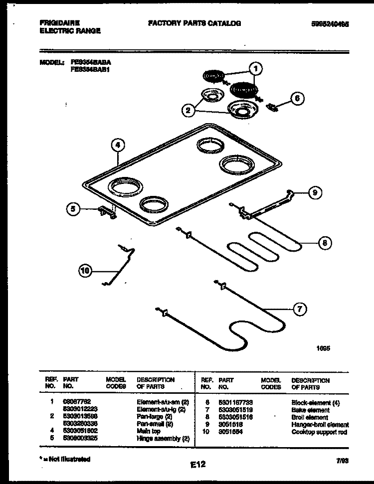 COOKTOP AND BROILER PARTS Diagram and Parts List for FES354BABA  Frigidaire Range
