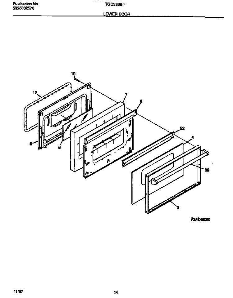 LOWER DOOR Diagram and Parts List for TGO336BFW1  Tappan Range