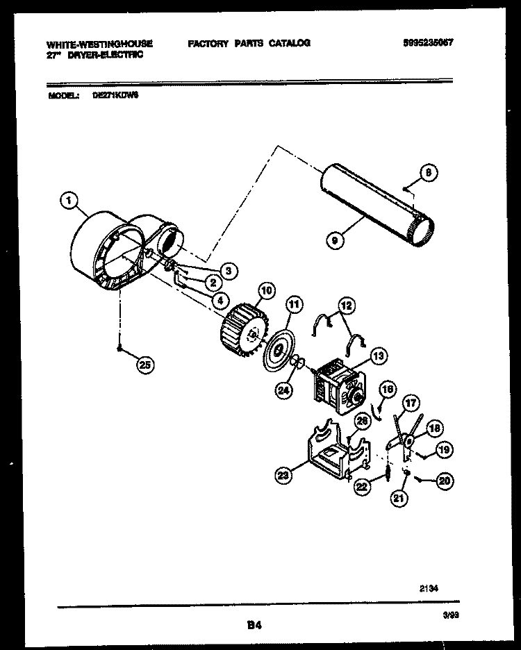 BLOWER AND DRIVE PARTS Diagram and Parts List for DE271KDW6  Frigidaire Dryer