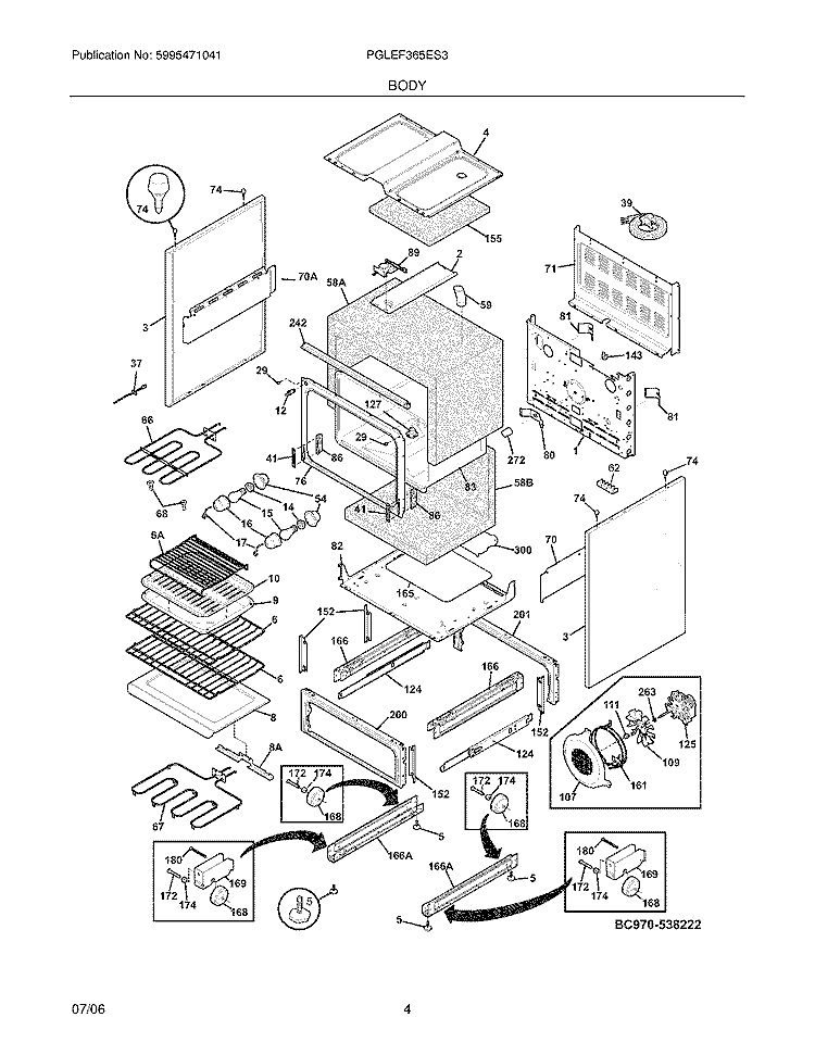 BODY Diagram and Parts List for PGLEF365ES3  Frigidaire Range