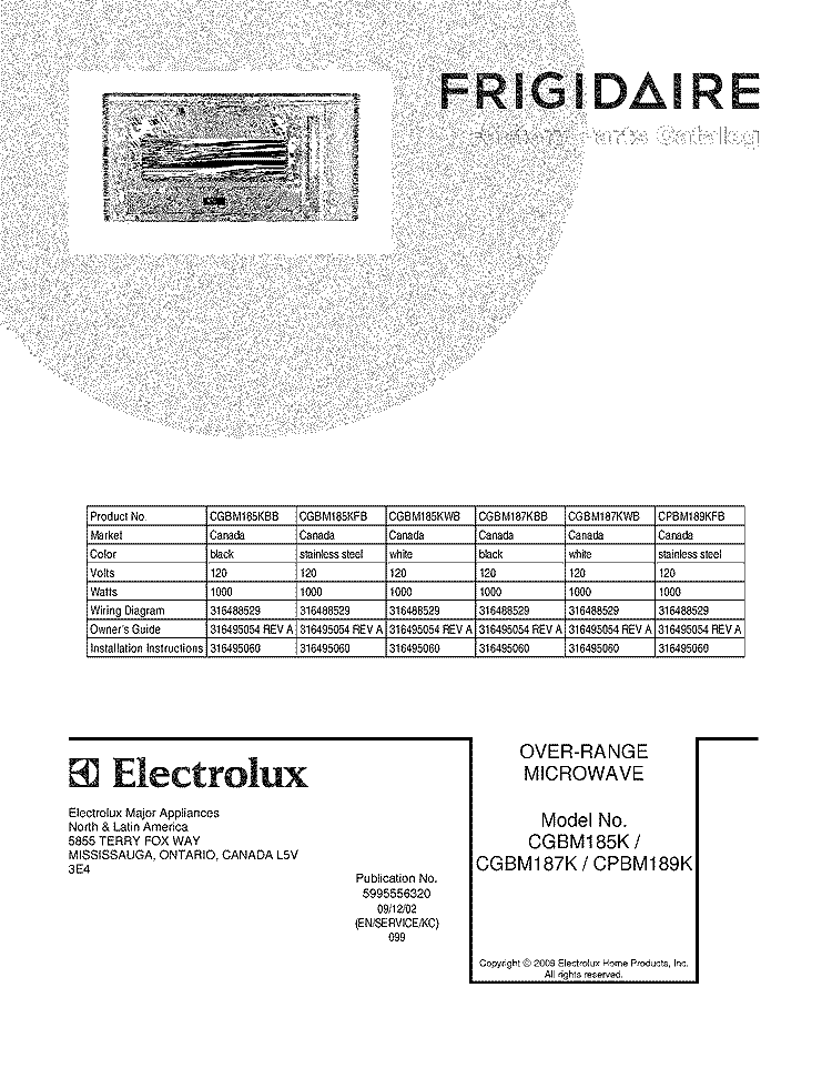 COVER Diagram and Parts List for CGBM185KFB  Frigidaire Microwave