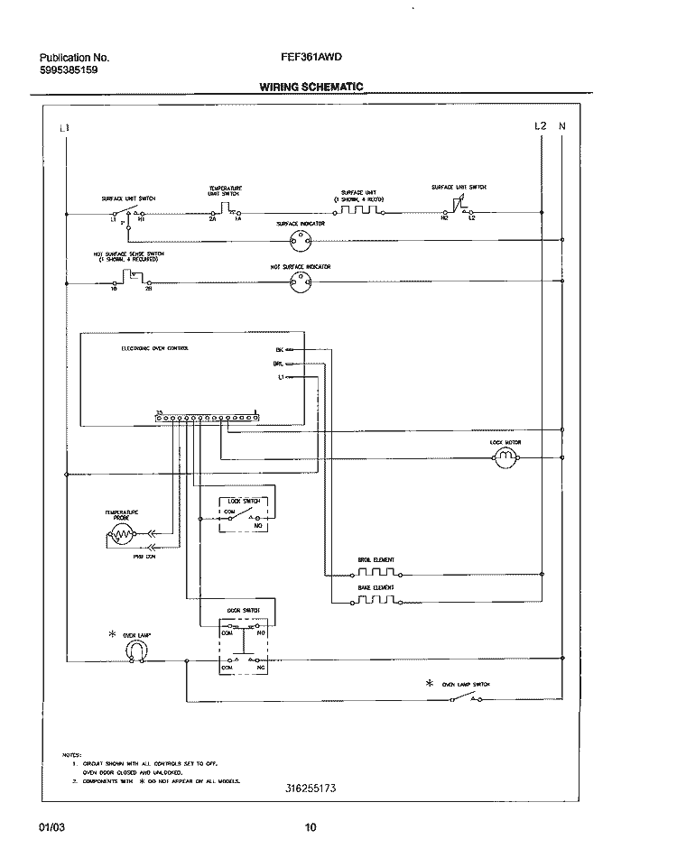WIRING SCHEMATIC Diagram and Parts List for FEF361AWD  Frigidaire Range