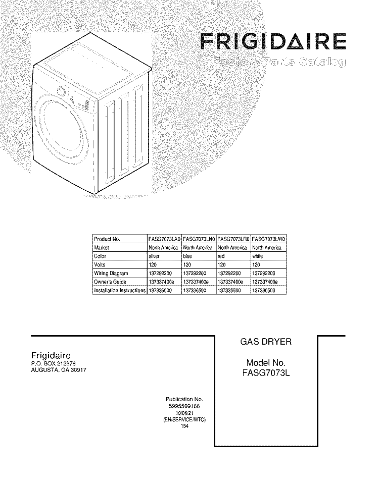 COVER Diagram and Parts List for FASG7073LA0  Frigidaire Dryer