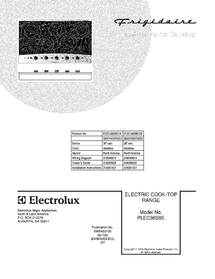 COVER Diagram and Parts List for PLEC36S9ECB  Frigidaire Cooktop