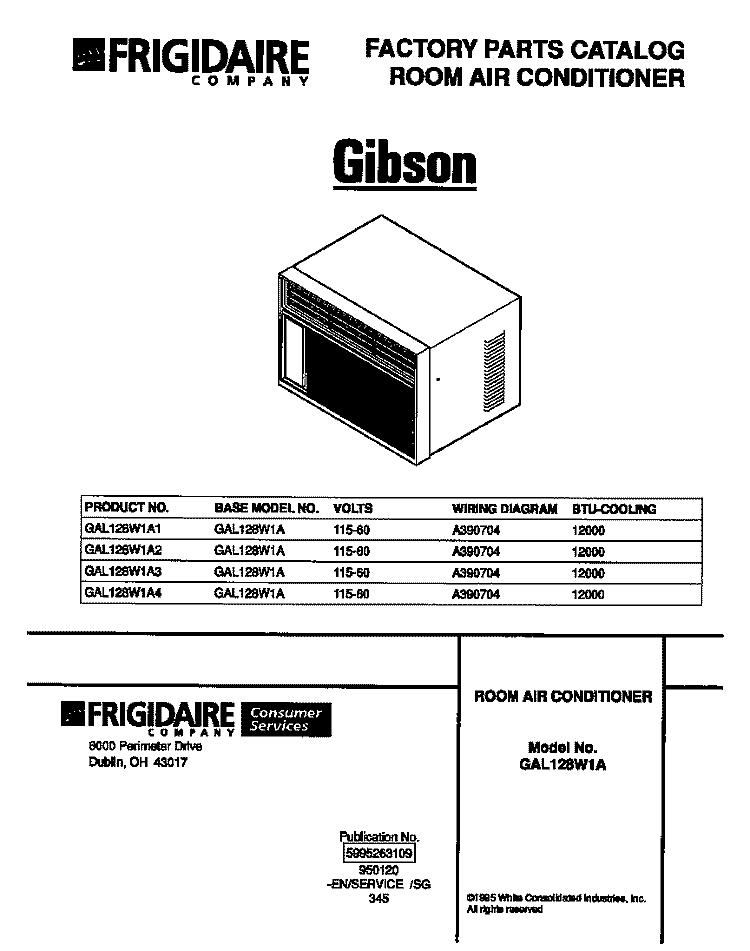COVER Diagram and Parts List for GAL128W1A1  Gibson Air Conditioner