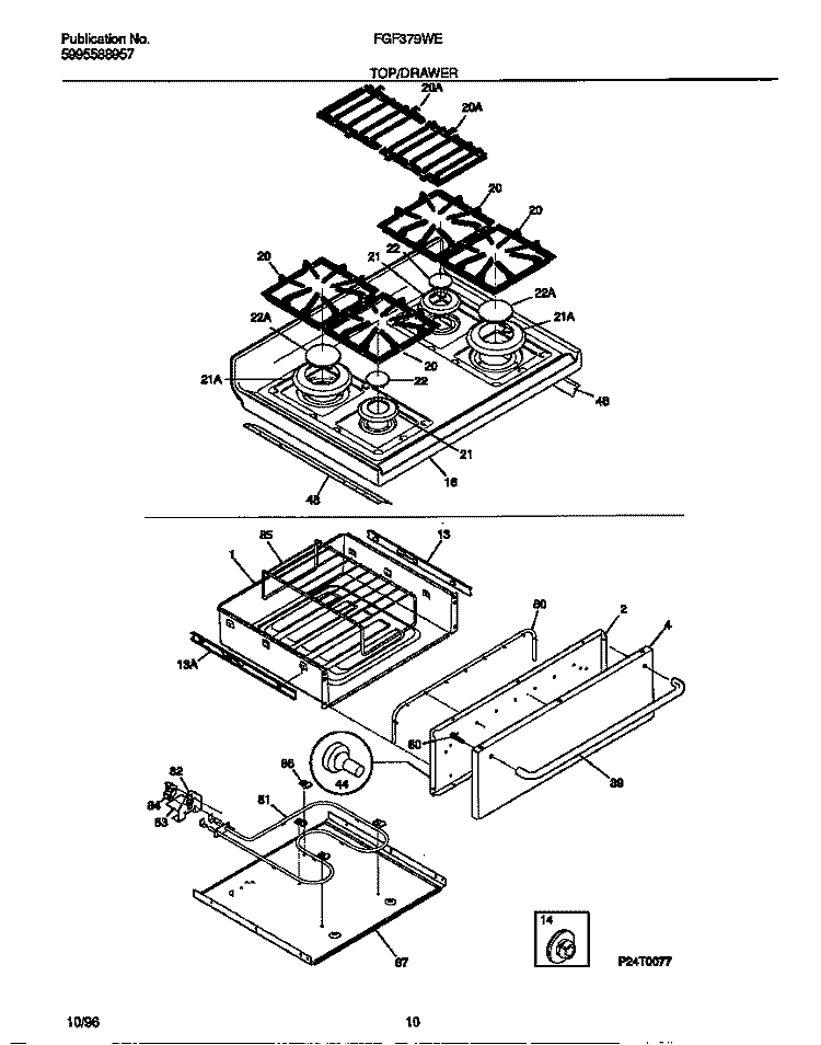 TOP / DRAWER Diagram and Parts List for FGF379WESD  Frigidaire Range