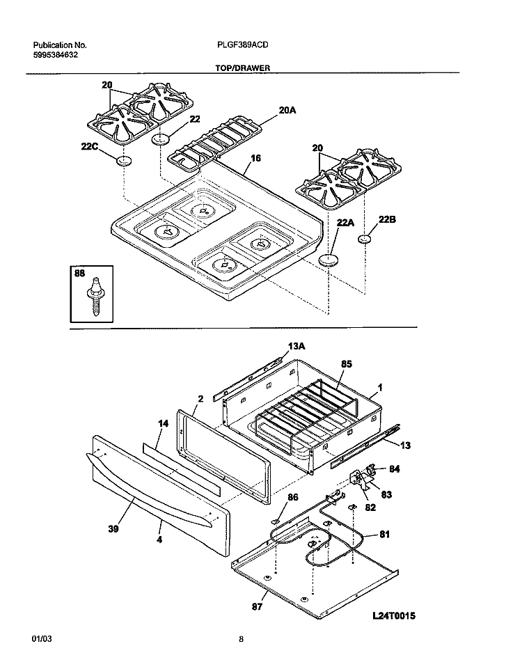 TOP / DRAWER Diagram and Parts List for PLGF389ACD  Frigidaire Range