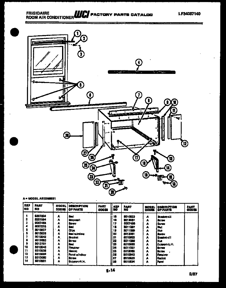 WINDOW MOUNTING PARTS Diagram and Parts List for AR13MS8E1  Frigidaire Air Conditioner