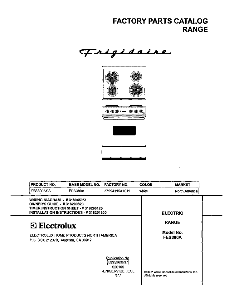 COVER Diagram and Parts List for FES300ASA  Frigidaire Range