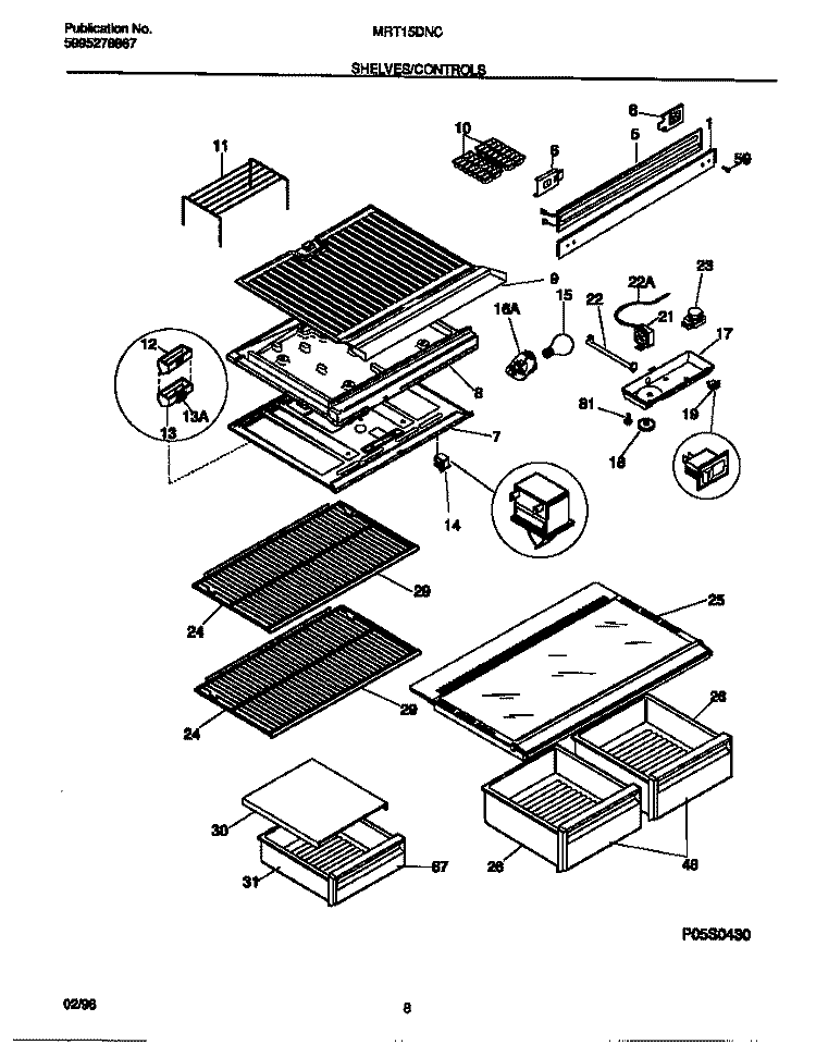 SHELVES / CONTROLS Diagram and Parts List for MRT15DNCW2  Frigidaire Refrigerator