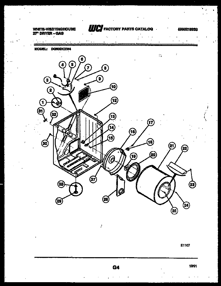 CABINET AND COMPONENT PARTS Diagram and Parts List for DG600KXW4  Frigidaire Dryer