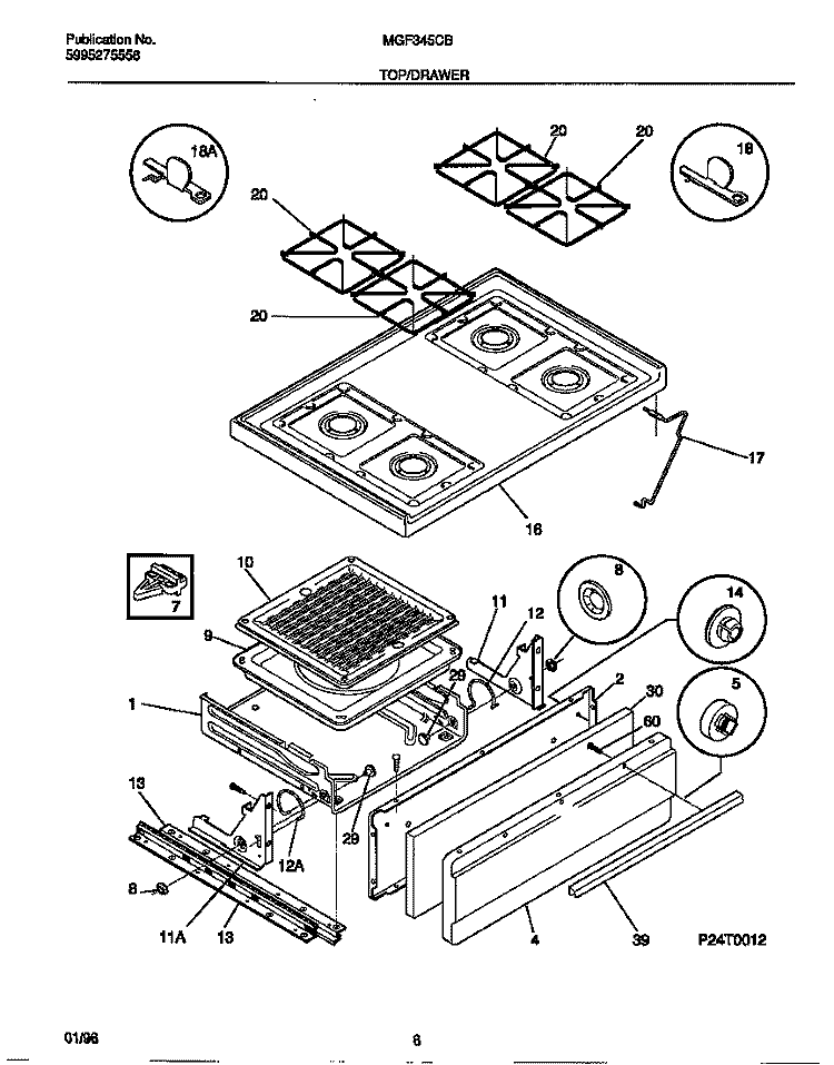 TOP / DRAWER Diagram and Parts List for MGF345CBSD  Frigidaire Range