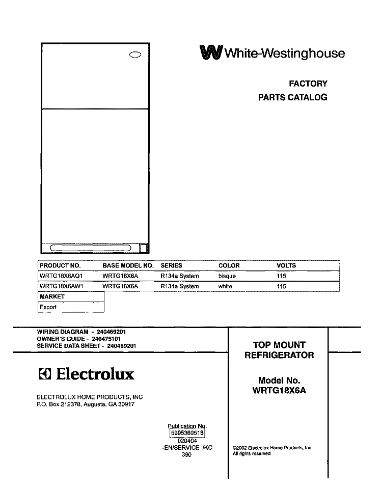 COVER Diagram and Parts List for WRTG18X6AQ1  Westinghouse Refrigerator
