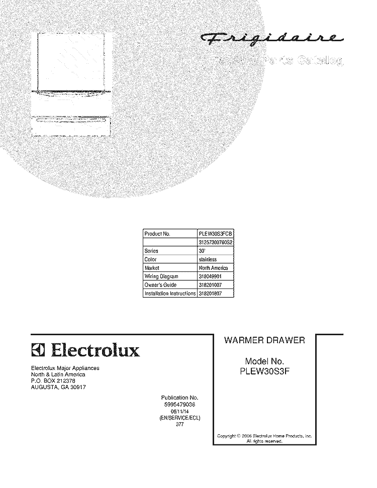 COVER Diagram and Parts List for PLEW30S3FCB  Frigidaire Warming Drawer