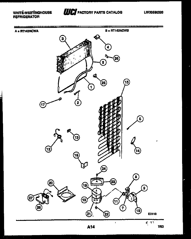 SYSTEM AND AUTOMATIC DEFROST PARTS Diagram and Parts List for RT143NCWB  Frigidaire Refrigerator