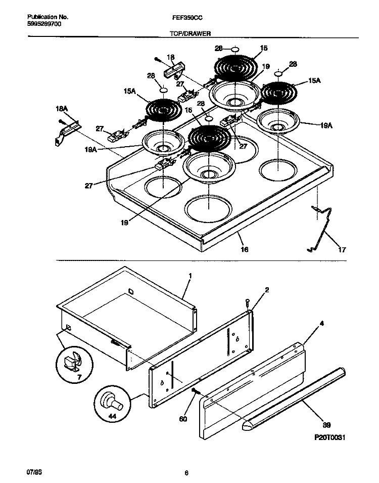 TOP / DRAWER Diagram and Parts List for FEF350CCTC  Frigidaire Range