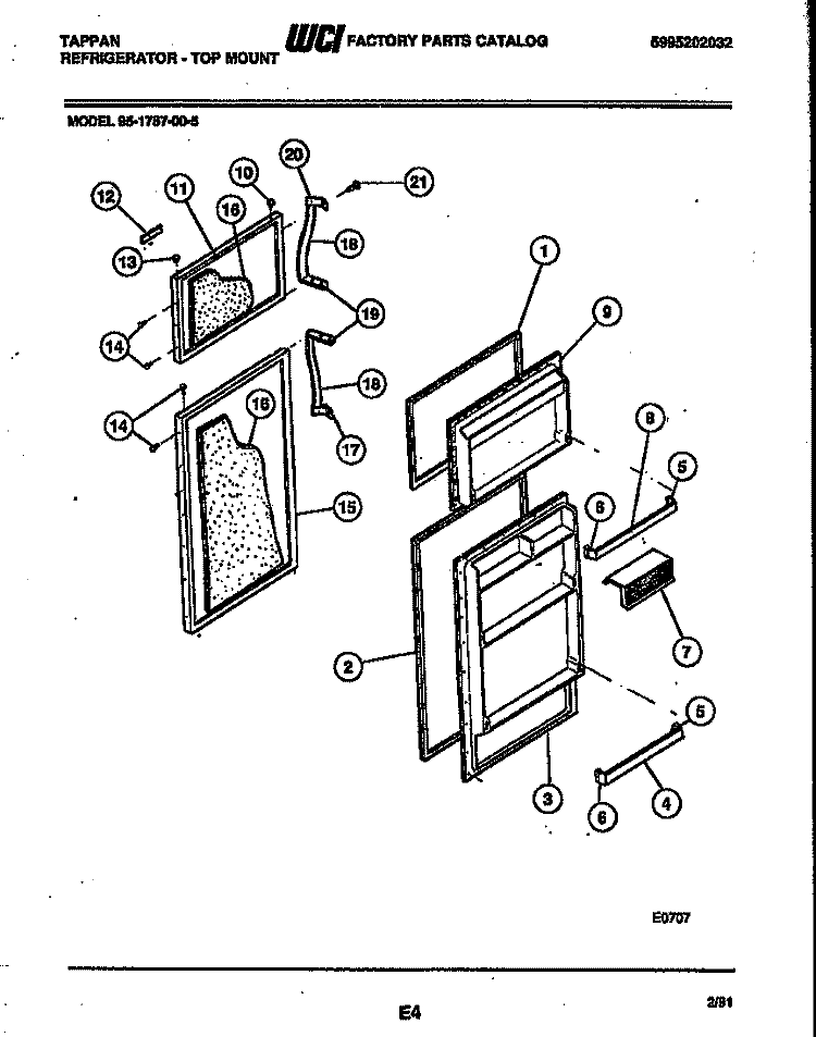 DOOR PARTS Diagram and Parts List for 95-1787-00-05  Tappan Refrigerator