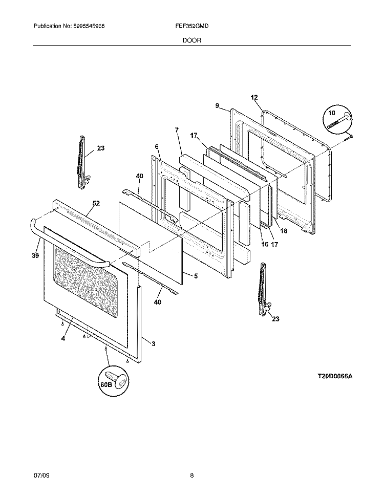 DOOR Diagram and Parts List for FEF352GMD  Frigidaire Range
