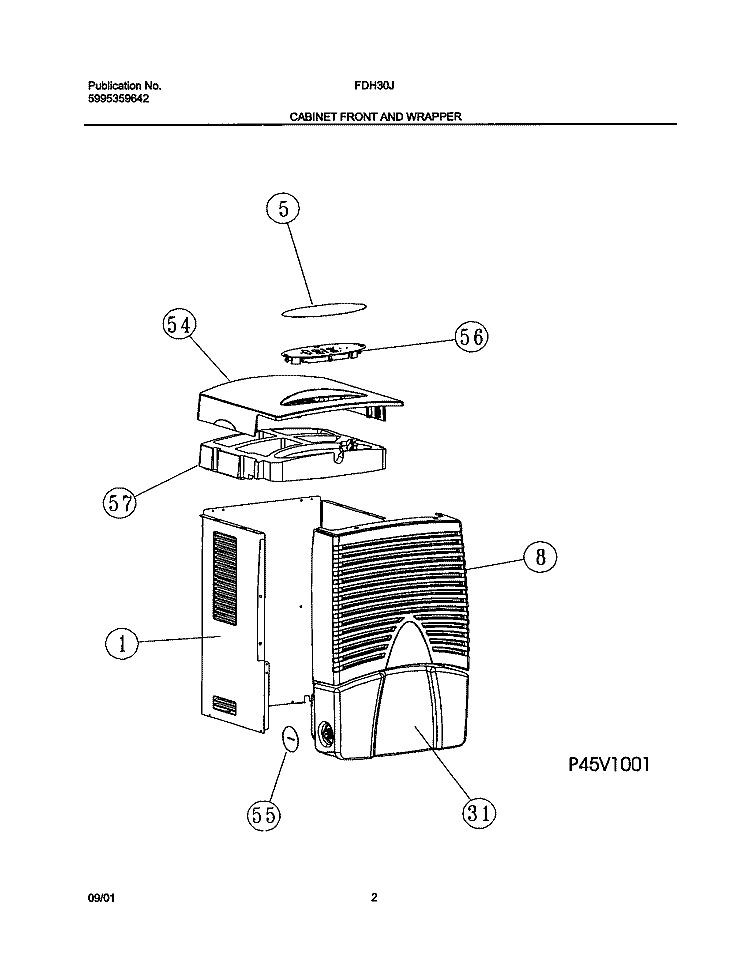 CABINET FRONT AND WRAPPER Diagram and Parts List for FDH30J4  Frigidaire Dehumidifier
