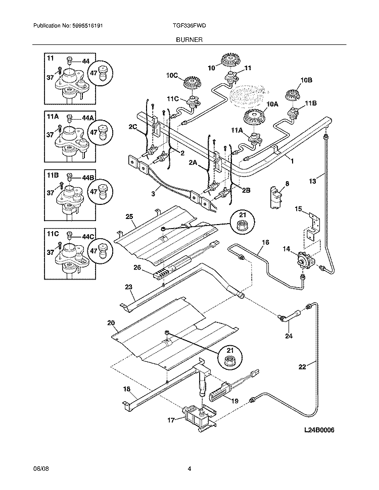BURNER Diagram and Parts List for TGF336FWD  Tappan Range